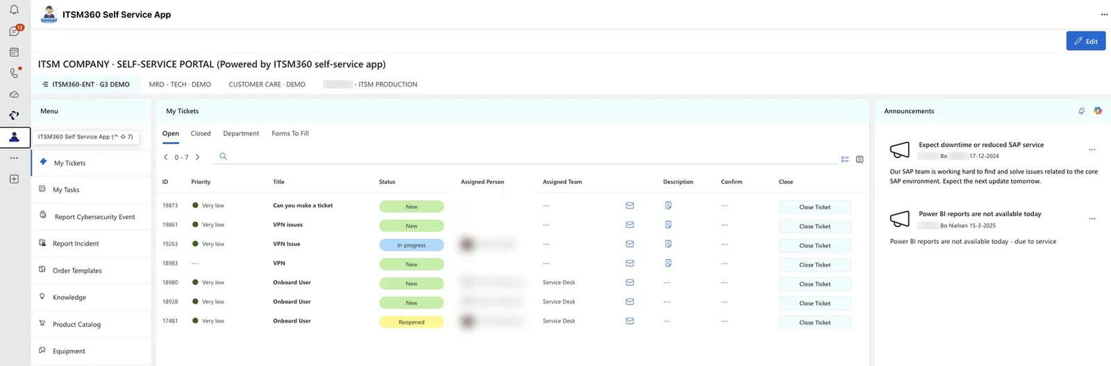 The ITSM360 Self-Service app inside Microsoft Teams